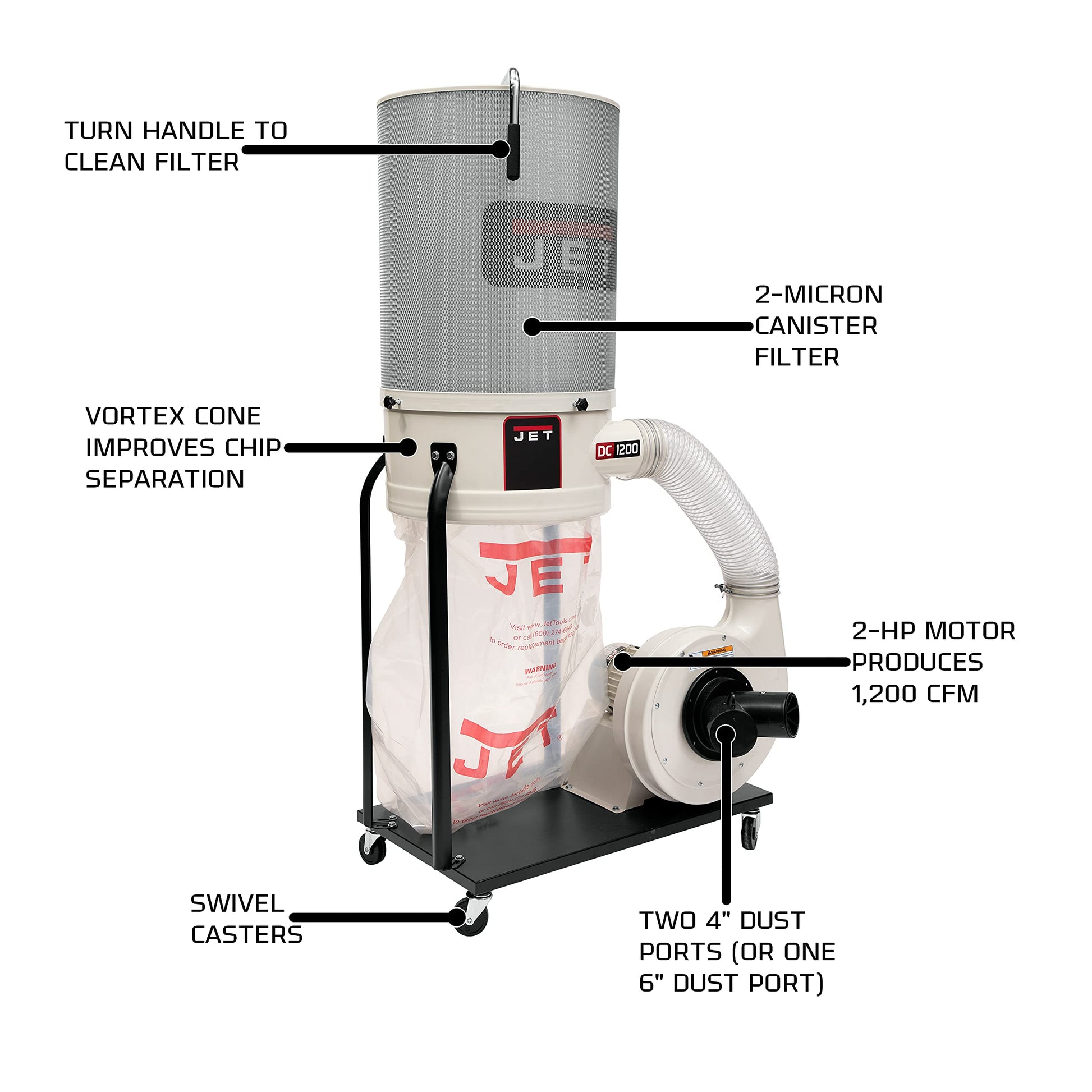 JET DC-1200VX-CK1 Vortex Cone Dust Collector, 2-Micron Canister Filter, 1200 CFM, 1Ph 230V (710702K) - WoodArtSupply