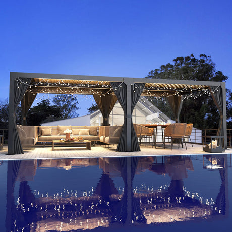 MELLCOM Louvered Pergola 12x20, Aluminum Pergola with Adjustable Louvered Roof, Outdoor Pergola with Waterproof Curtains and Nets, Gray MELLCOM