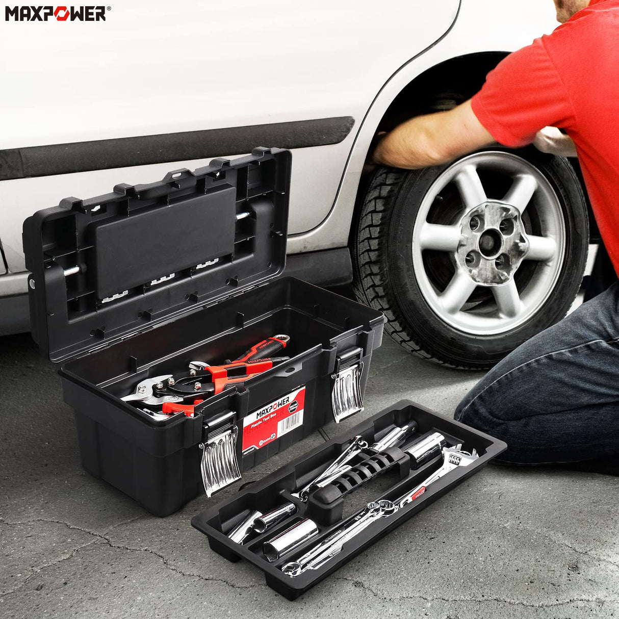 MAXPOWER 16 inch Tool Box with Removable Tray, Portable Toolbox with Stainless Steel Handle & Doule Metal Latch, Rated up to 33 Lbs MAXPOWER