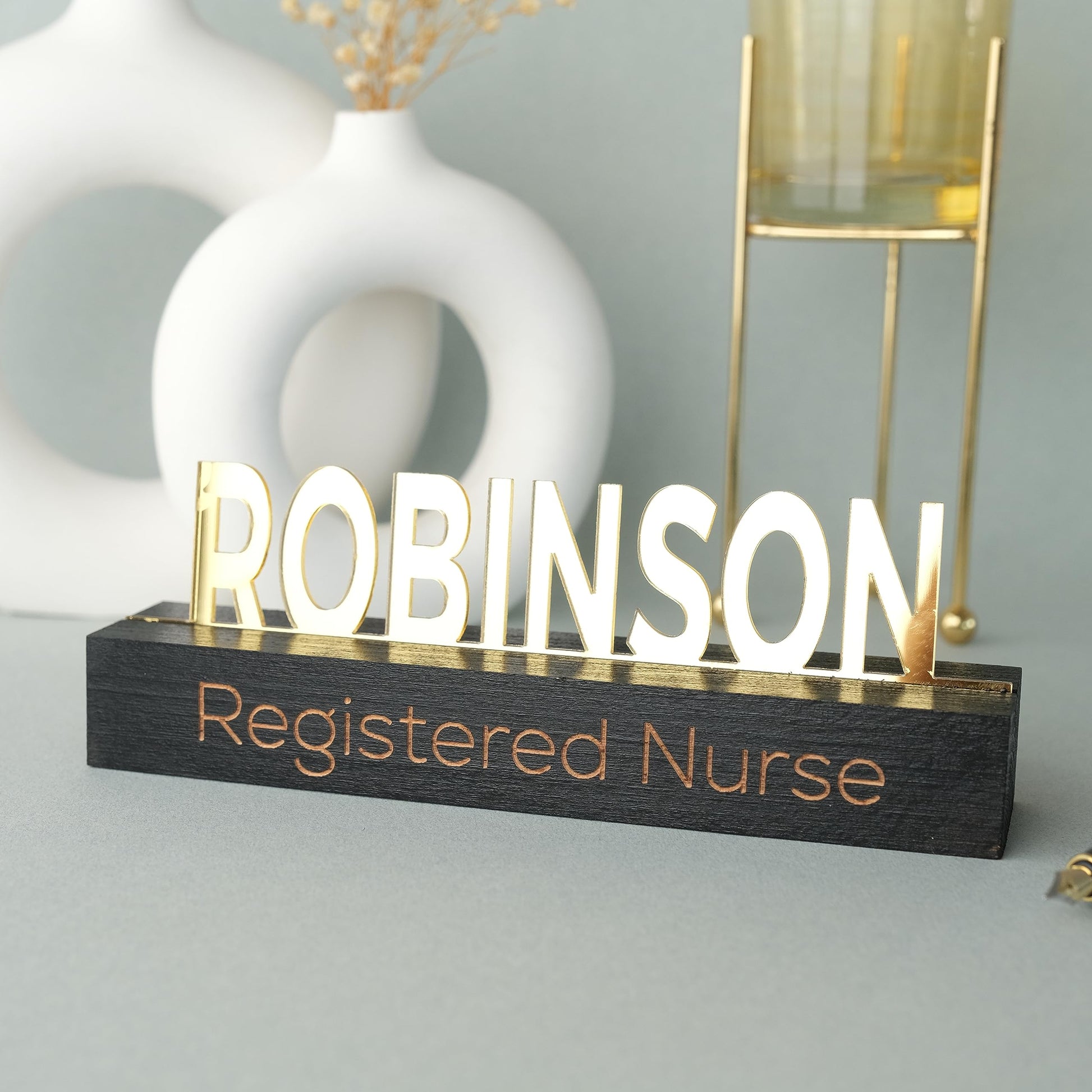 Personalized Desk Name Plate, Office Desk Sign, Custom Gold Acrylic on Black Wood Desk Name Plate - Personalized Office Decor - WoodArtSupply