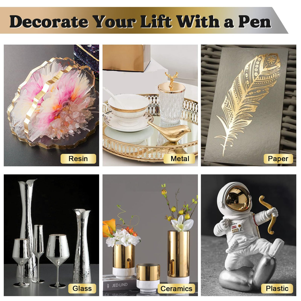 LET'S RESIN 6Pcs Mirror Chrome Markers,3 Sizes Available Metallic Permanent Markers(Fine,Chisel,Round) with Large Barrel,High-gloss Silver & Gold LET'S RESIN
