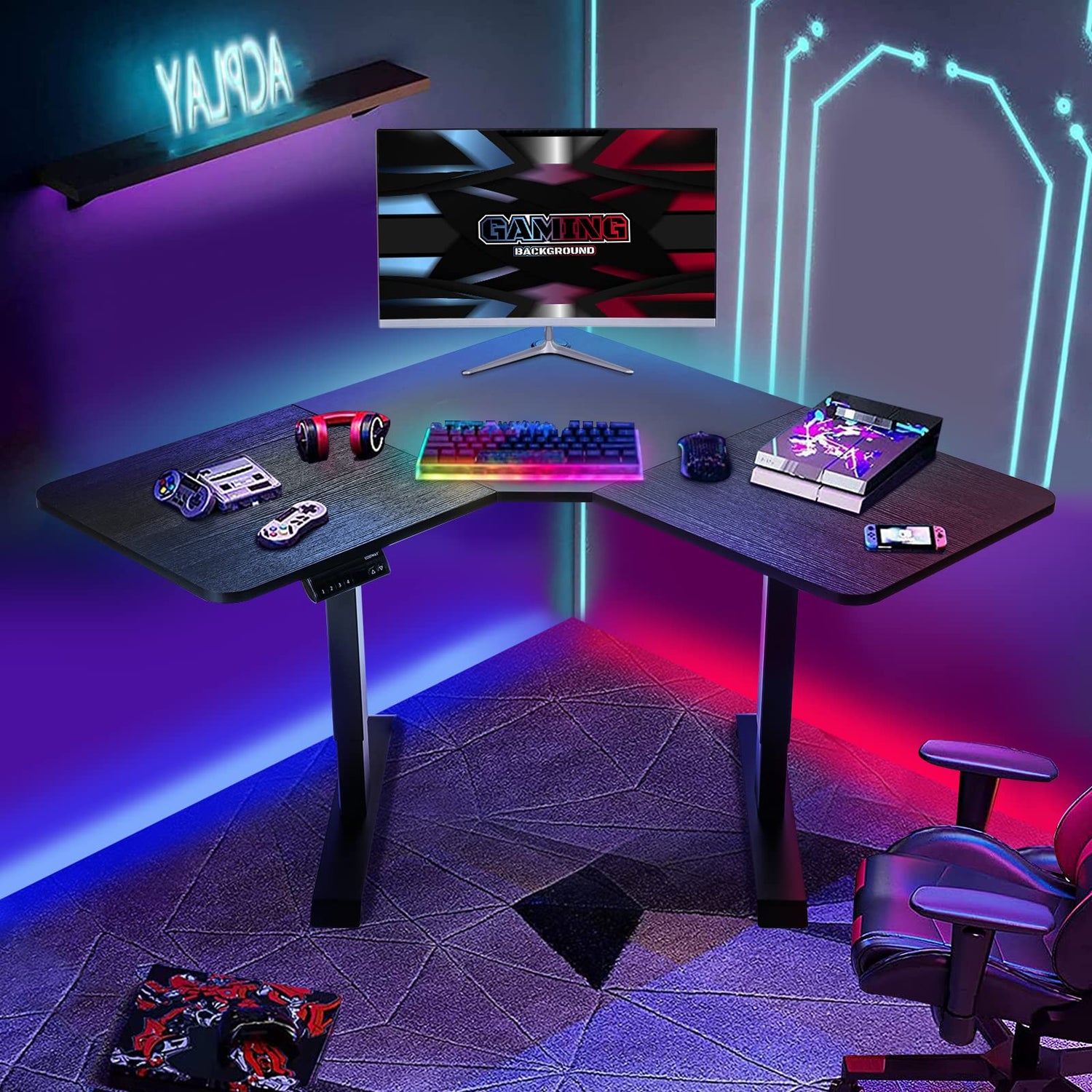 COSTWAY L Shaped Electric Adjustable Desk, L-Shaped Standing Computer Desk w/Splice Tabletop, 2 Hooks & Rolling Casters, Sit-Stand Corner Desk w/ 4 COSTWAY