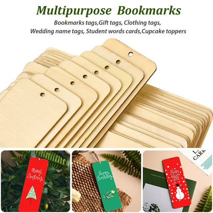Wood Blank Bookmarks DIY Wooden Craft Bookmark Unfinished Wood Hanging Tags Rectangle Shape Blank Bookmark Ornaments with Holes and Ropes for