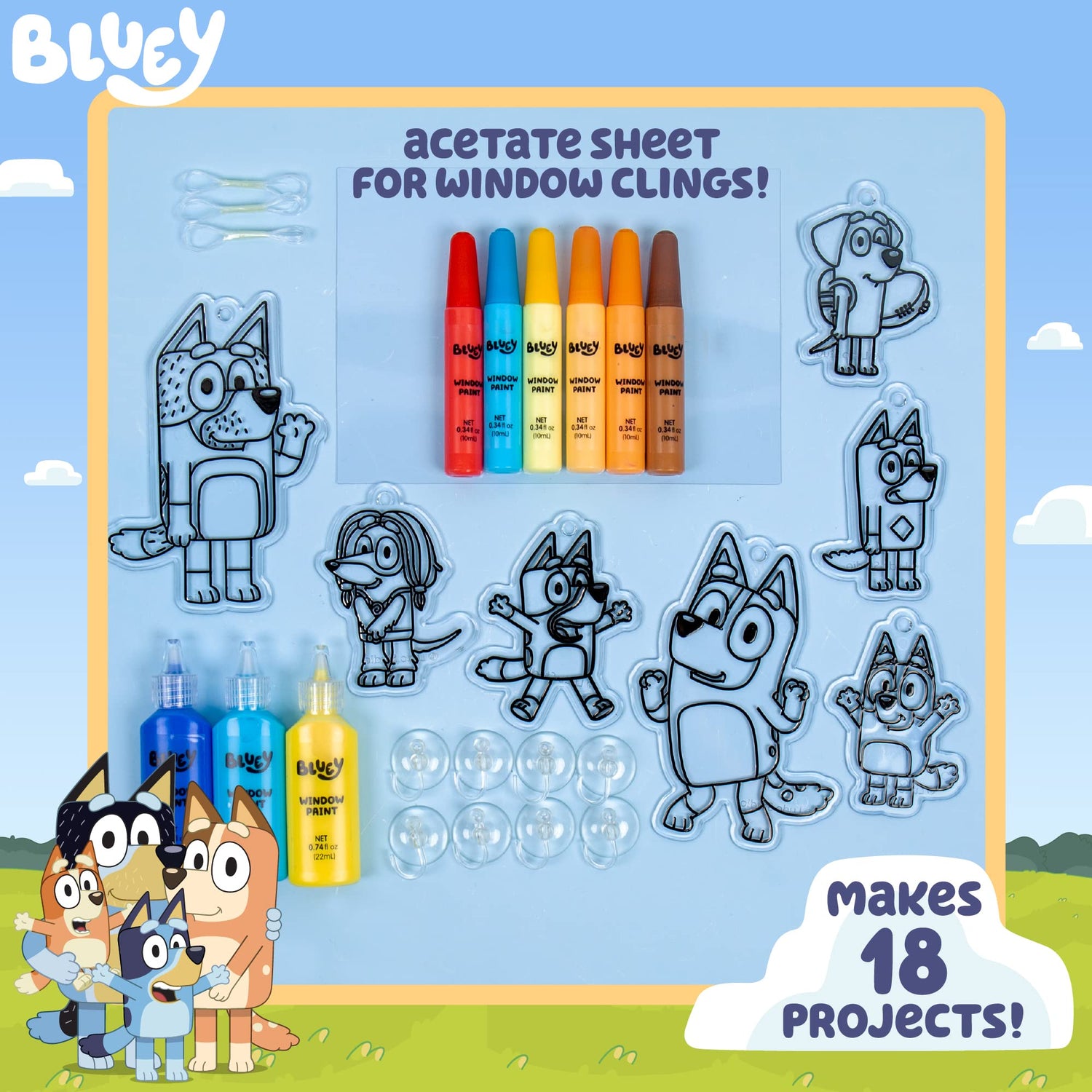 Bluey Window Art Suncatchers Kit for Kids to Paint, Great at-Home Craft Activity or Birthday Party Idea, Toys for Ages 3, 4, 5, 6 Bluey