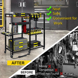 TC-HOMENY Power Tool Organizer Garage Storage with Charging Power Strip, 28 Drill Rack Tool Holder Racks Rolling Tool Cart on Wheels, Tool Shelf TC-HOMENY