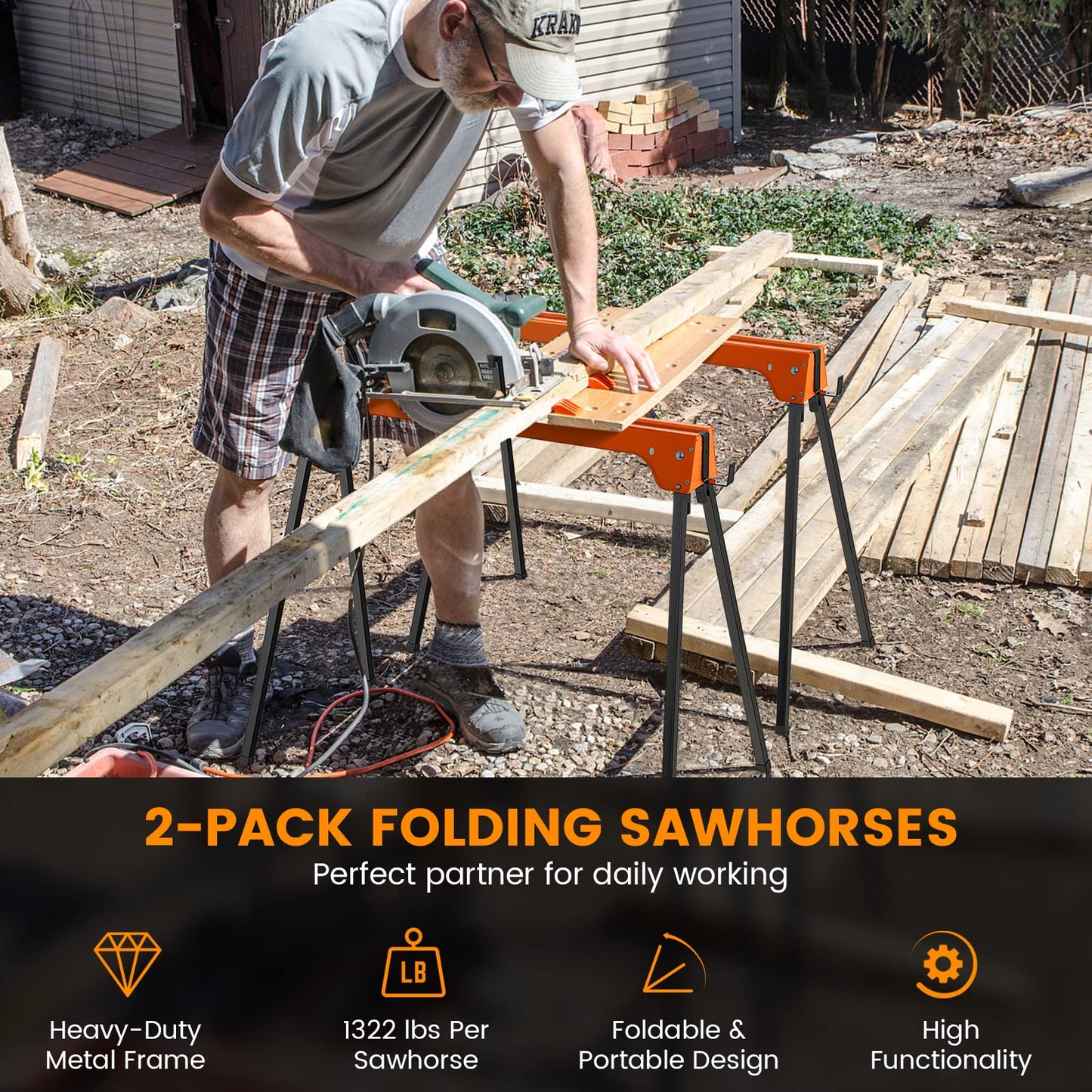S AFSTAR Safstar Saw Horses 2 Pack Folding, Lightweight & Portable Speedhorse Twin Pack with Convenient Handle, Each Supports up to 1322 lbs, 2 Pack