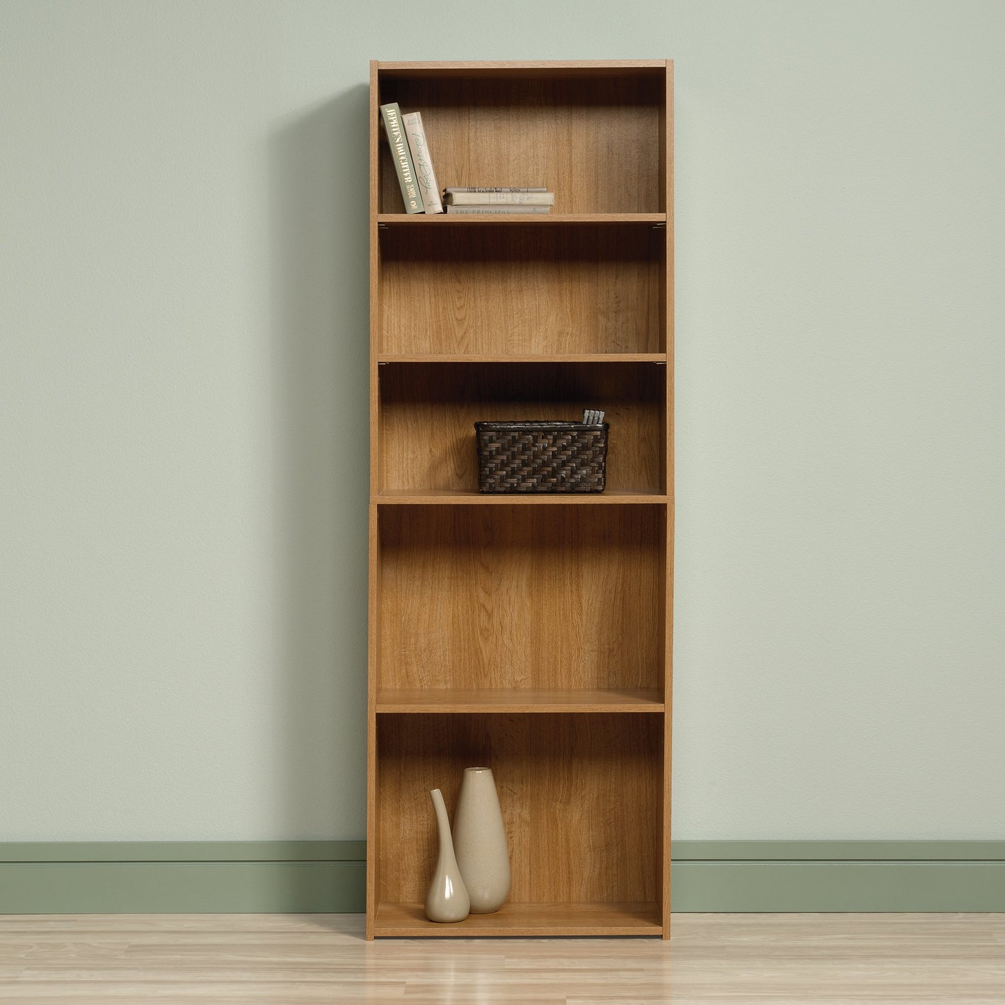Sauder Beginnings 5 Bookcase/Book Shelf, 24.57" L x 11.5" W x 71.181" H, Highland Oak finish