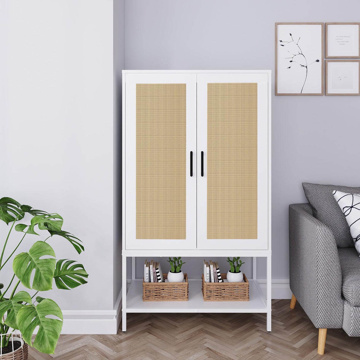 BOCVKENN Wardrobe Closet,Rattan Bedroom Armoires with 2 Doors,Wooden Wardrobe Cabinet with Shelves and Hanging Rod for Clothes,White BOCVKENN