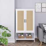 BOCVKENN Wardrobe Closet,Rattan Bedroom Armoires with 2 Doors,Wooden Wardrobe Cabinet with Shelves and Hanging Rod for Clothes,White BOCVKENN
