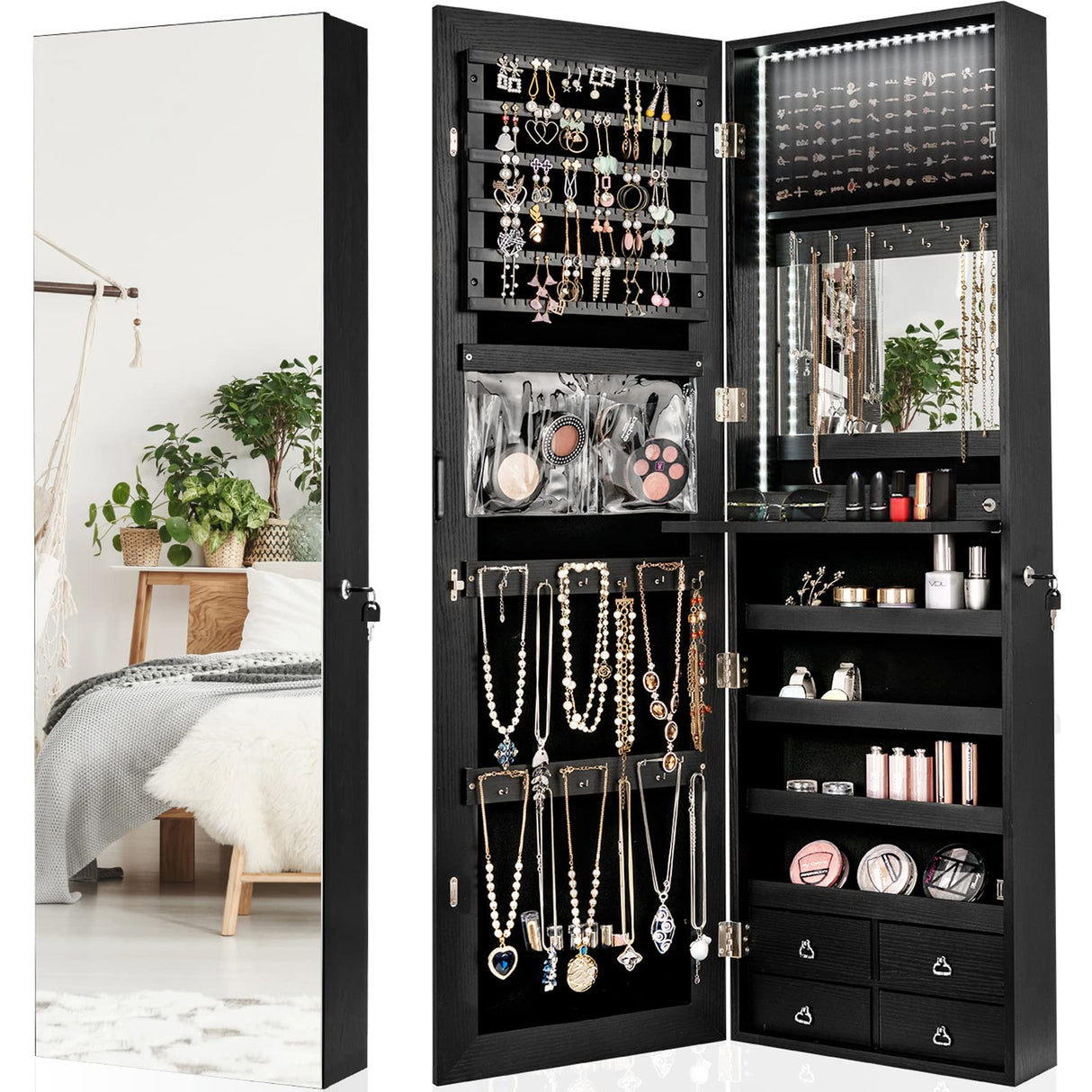 CHARMAID LED Strip Jewelry Armoire with 47.2" H Full Length Mirror, Wall/Door Mounted Jewelry Organizer with Built-in Mirror, Flip-over Cosmetic CHARMAID