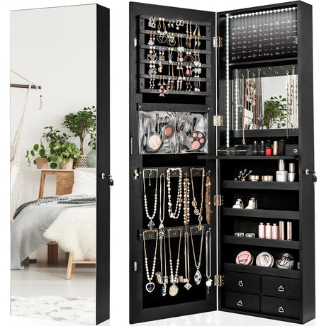 CHARMAID LED Strip Jewelry Armoire with 47.2" H Full Length Mirror, Wall/Door Mounted Jewelry Organizer with Built-in Mirror, Flip-over Cosmetic CHARMAID