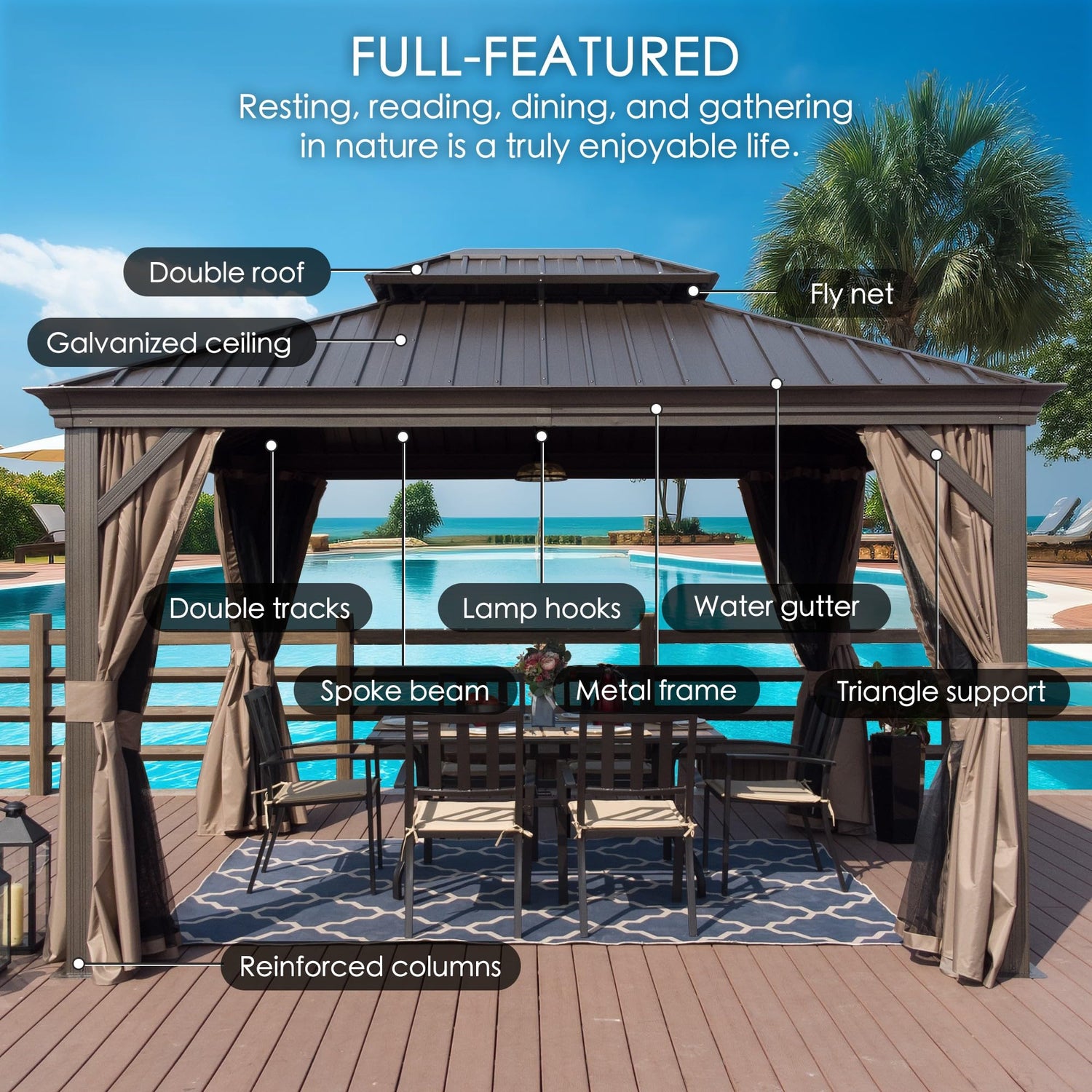 Kozyard Alexander 12' X 20' Hardtop Gazebo, Aluminum Metal Gazebo with Galvanized Steel Double Roof Canopy, Curtain and Netting, Permanent Gazebo Kozyard