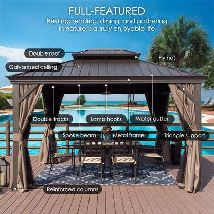 Kozyard Alexander 12' X 20' Hardtop Gazebo, Aluminum Metal Gazebo with Galvanized Steel Double Roof Canopy, Curtain and Netting, Permanent Gazebo - WoodArtSupply