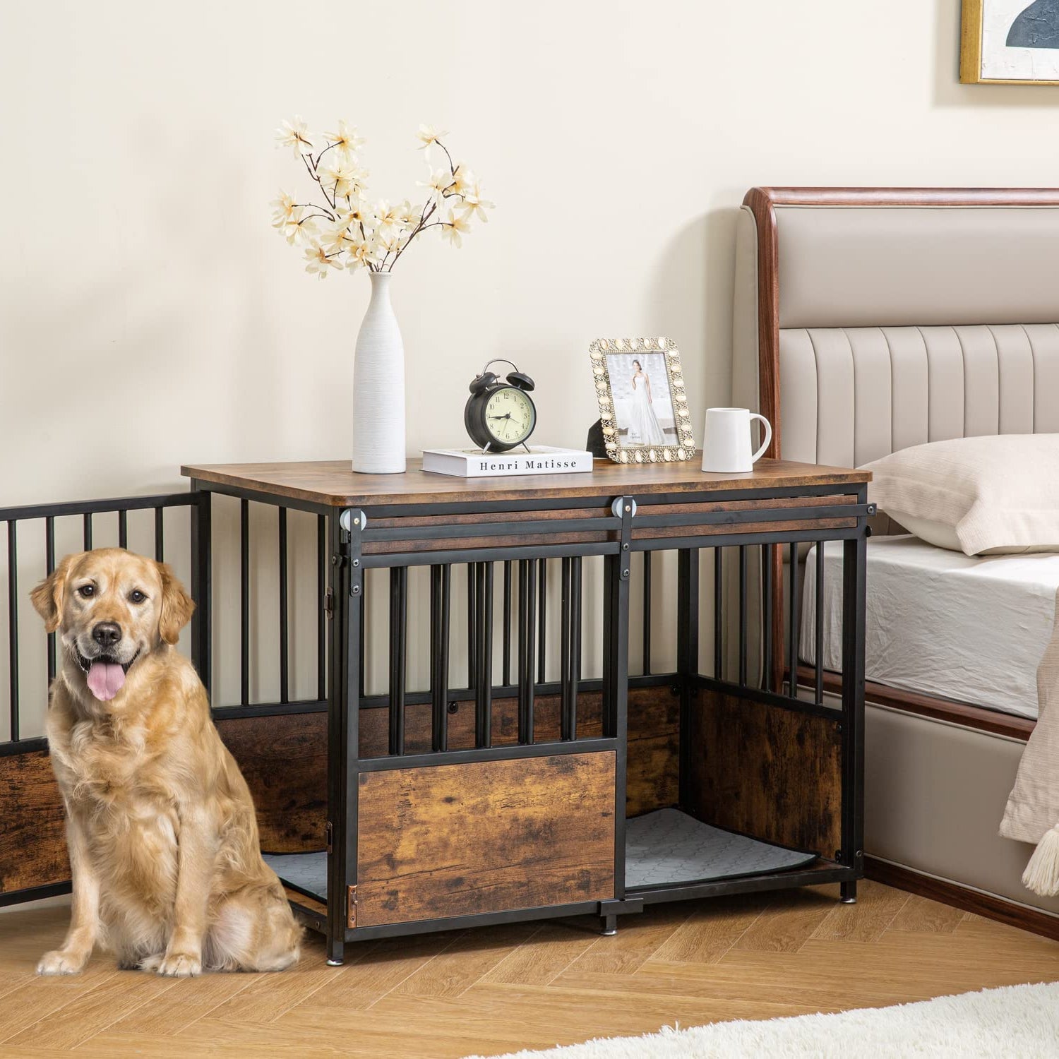 KOOPRO 40 Inch Dog Crate Furniture with Cushion for Large Medium Dogs, Wooden Heavy Duty Dog Kennel with Double Doors, Decorative Pet House Dog Cage KOOPRO