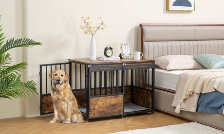 KOOPRO 40 Inch Dog Crate Furniture with Cushion for Large Medium Dogs, Wooden Heavy Duty Dog Kennel with Double Doors, Decorative Pet House Dog Cage KOOPRO