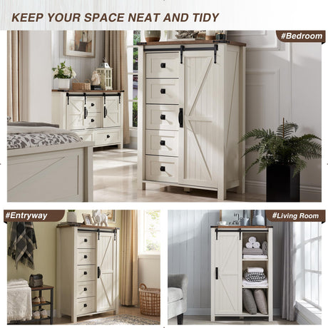 T4TREAM 5 Drawers Dresser for Bedroom w/Sliding Barn Door, Farmhouse Modern Tall Dresser 5 Chest of Drawers, Storage Organizer Dresser for Bedroom, T4TREAM
