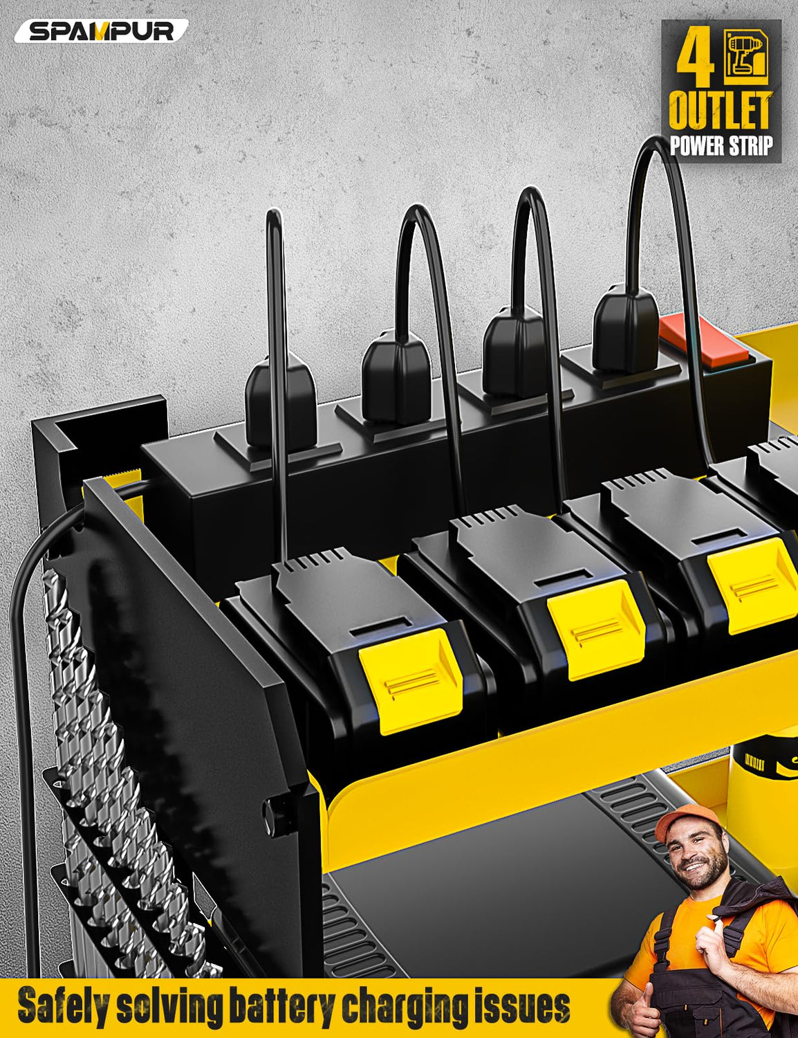 Spampur Power Tool Organizer Wall Mount with Charging Station, 6 Drill Holders Tool Shelf, Heavy Duty Garage shelves Utility Tool Storage, Tool Spampur