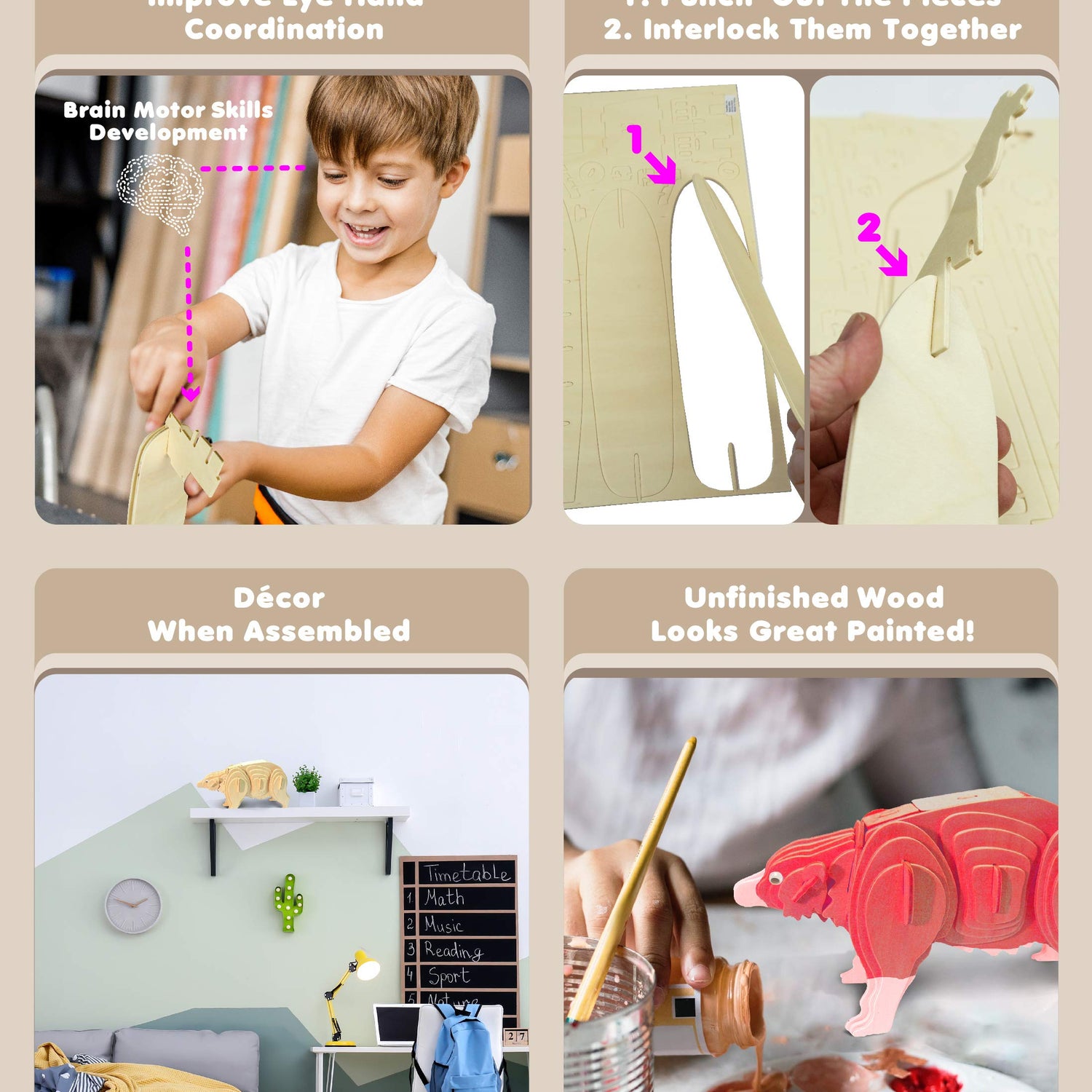 Puzzled 3D Puzzle Black Bear Wood Craft Construction Model Kit, Fun & Educational DIY Animal Wooden Toy Assemble Model Unfinished Crafting Hobby Puzzled