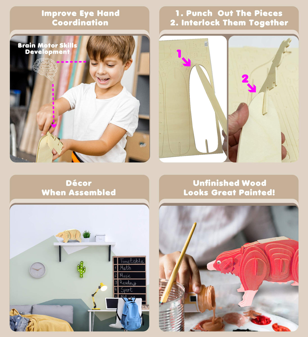 Puzzled 3D Puzzle Black Bear Wood Craft Construction Model Kit, Fun & Educational DIY Animal Wooden Toy Assemble Model Unfinished Crafting Hobby Puzzled