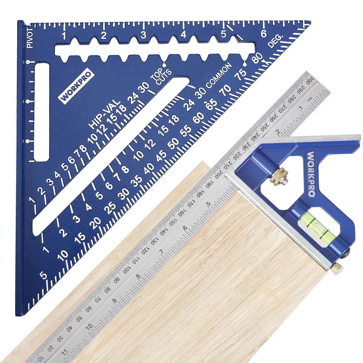 WORKPRO Aluminum Alloy Carpenter Square and Zinc-Alloy Square Ruler Set - 7 in. Rafter Layout Tool and 12 in. Combination Square Combo WORKPRO