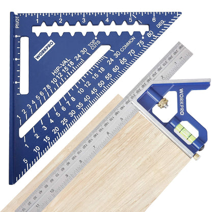 WORKPRO Aluminum Alloy Carpenter Square and Zinc-Alloy Square Ruler Set - 7 in. Rafter Layout Tool and 12 in. Combination Square Combo - WoodArtSupply