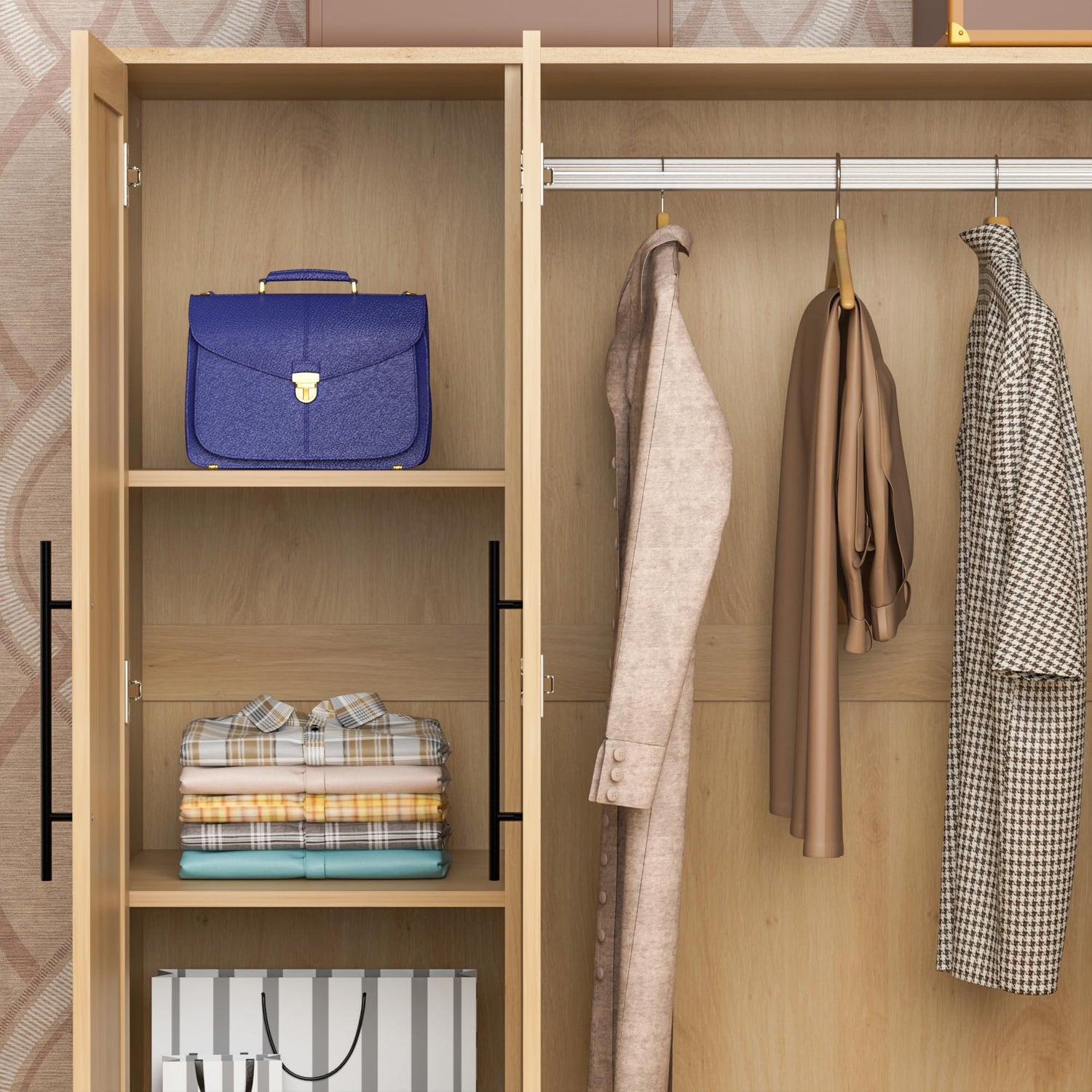 UEV Brown 6 Doors Rattan Armoire Wardrobe Closet,63" Large Armoire Storage Cabinet with 2 Drawers Side Shelves,Wooden Wardrobe Closet with 2 Hanging UEV