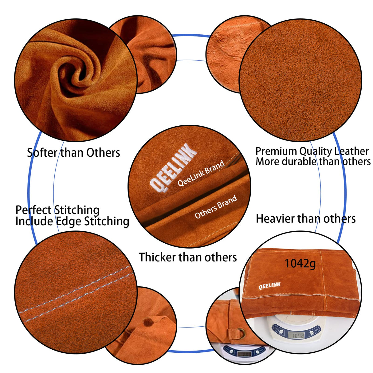 QeeLink Leather Welding Work Shop Apron with 6 Tool Pockets, Heat & Flame Resistant Cowhide Heavy Duty Blacksmith Apron, 24" x 36", Adjustable M to QeeLink