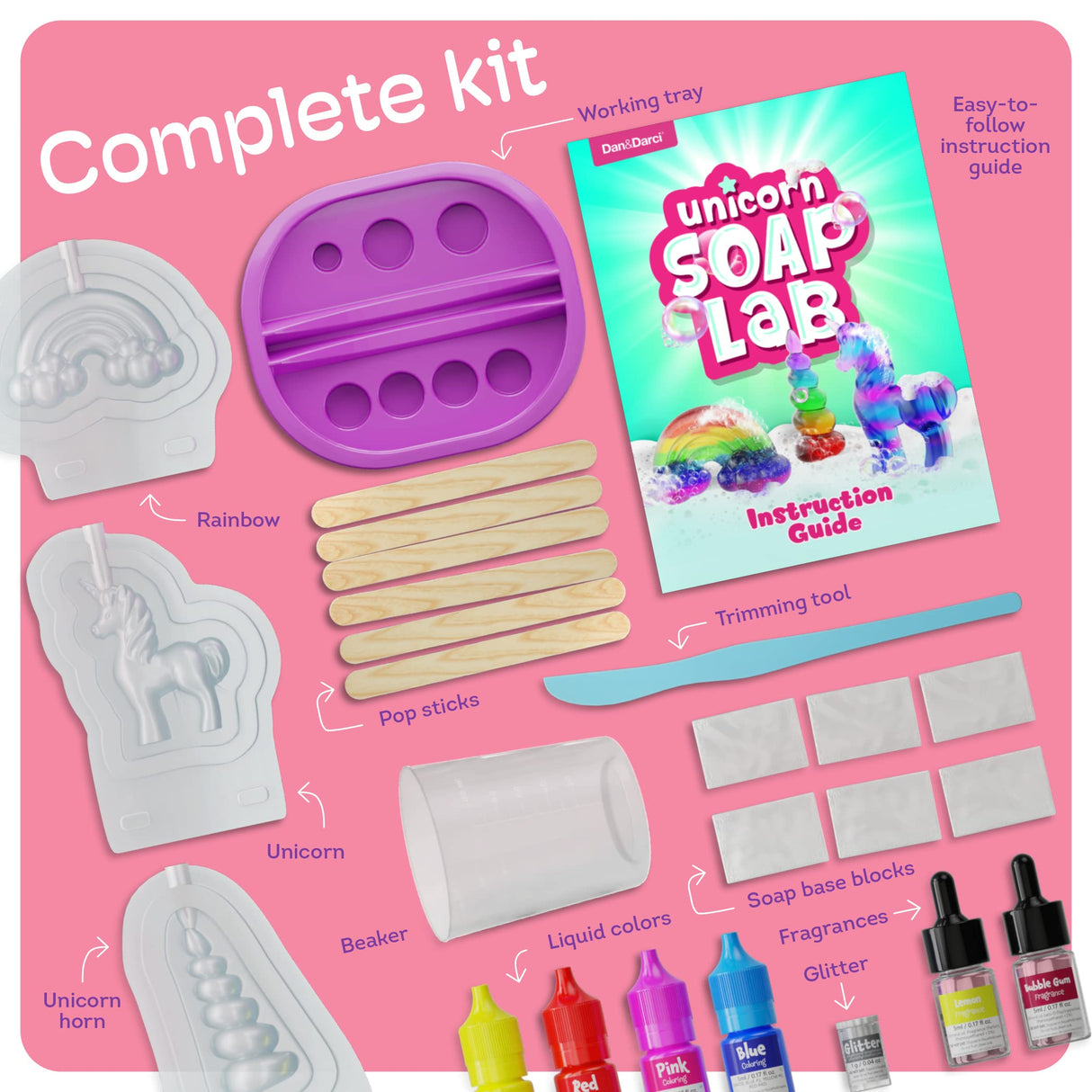 Unicorn Soap Making Kit - Girls Crafts DIY Project Age 6+ Year Old Kids Girl Gifts Science STEM Activity Teenage Christmas Gift Make Your Own Kits Dan&Darci