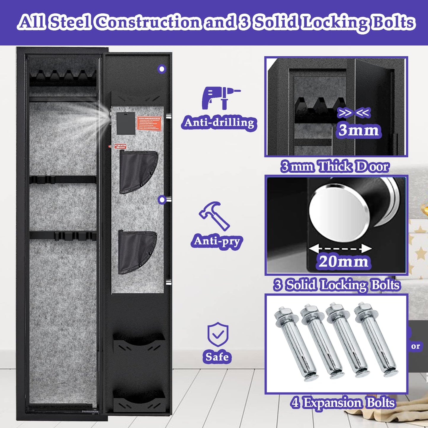 KAER 3-5 Gun Safes for Home Rifle and Pistols, Quick Access Safes for Shotguns, cabinets with Adjustable Rack, Pockets and Removable Shelf - WoodArtSupply