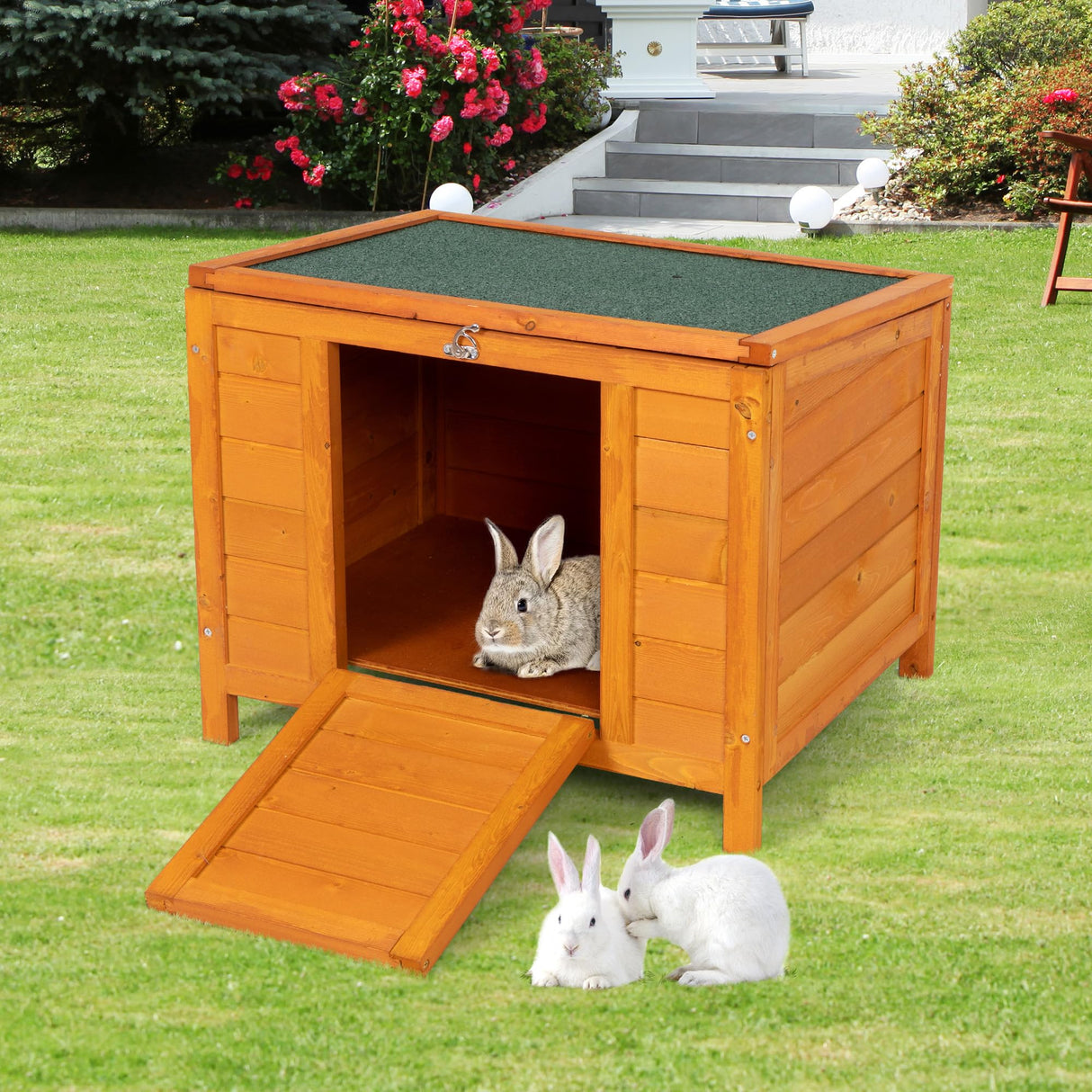 Wooden Rabbit Hutch,Elevated Bunny Cage, Cat House, Pet Box with Green Roof, Small Animal Home Sandinrayli