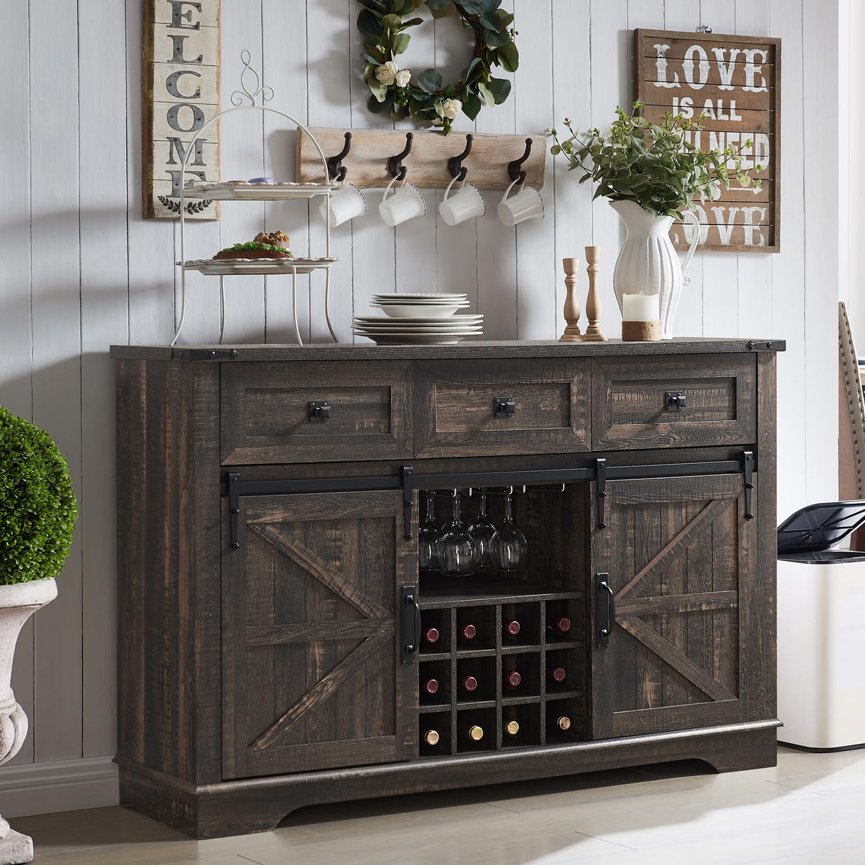 OKD Farmhouse Buffet Cabinet, 54" Sideboard with 3 Drawers, Sliding Barn Door, Wine and Glass Rack, Storage Shelves, Liquor Coffee Bar Cupboard for OKD
