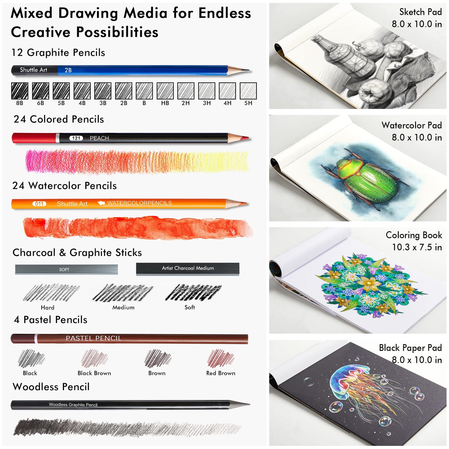 Shuttle Art Drawing Kit and Sketch Pad Bundle, Set of 116 Pack Complete Drawing Kit +260 Sheets Sketch Pad Shuttle Art