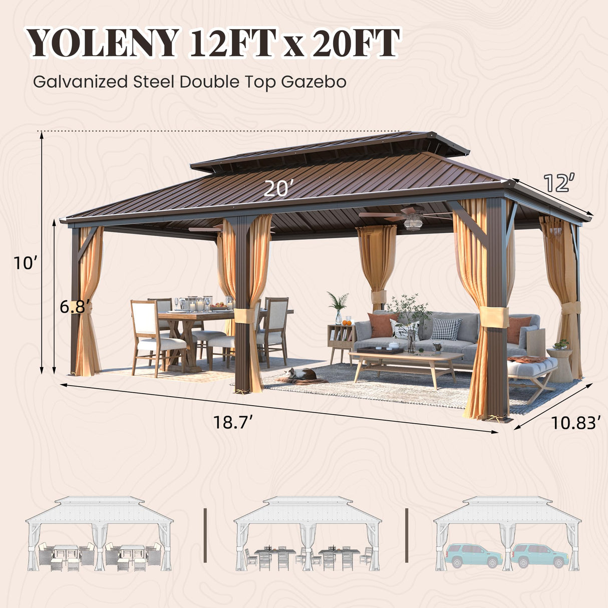 YOLENY 12' x 20' Gazebo, Hardtop Gazebo with Galvanized Steel Roof, Double Roof Gazebo with Aluminum Frame, Outdoor Gazebo with Curtains and YOLENY