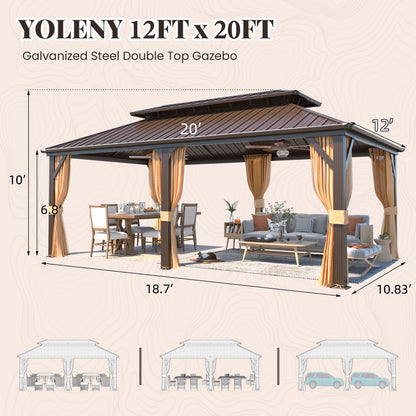 YOLENY 12' x 20' Gazebo, Hardtop Gazebo with Galvanized Steel Roof, Double Roof Gazebo with Aluminum Frame, Outdoor Gazebo with Curtains and