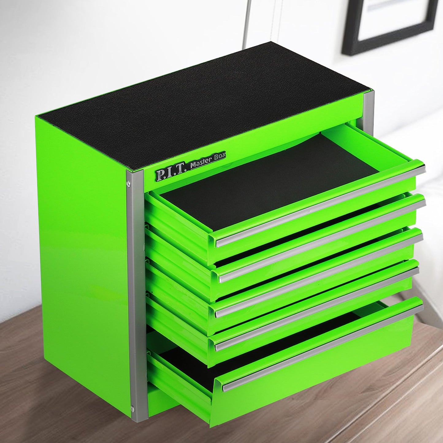 P.I.T. Portable Five-Drawer Steel Tool Box, Green Hand Carry Tool Cases for Tools Storage