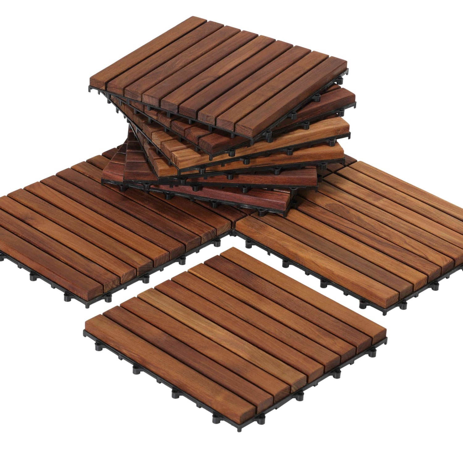 Bare Decor EZ-Floor Interlocking Flooring Tiles in Solid Teak Wood Oiled Finish (Set of 10), Long 9 Slat Bare Decor
