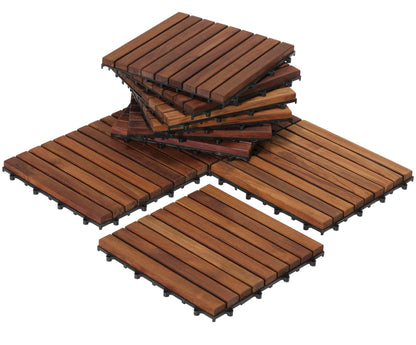 Bare Decor EZ-Floor Interlocking Flooring Tiles in Solid Teak Wood Oiled Finish (Set of 10), Long 9 Slat