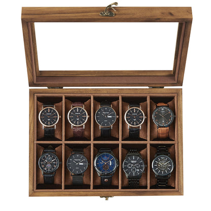 SONGMICS Watch Box, 10-Slot Watch Case, Solid Wood Watch Box Organizer with Large Glass Lid, Watch Display Case with Removable Pillows, Gift for