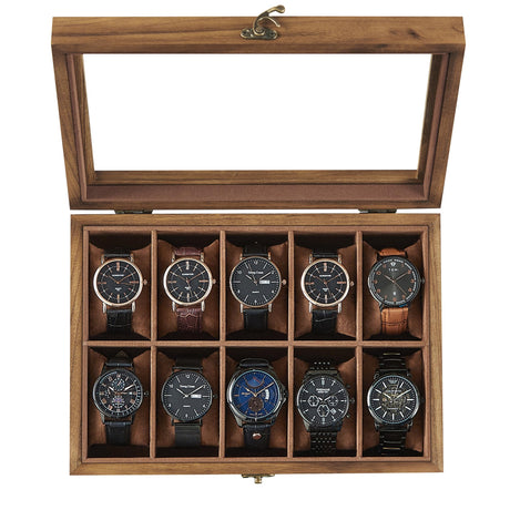 SONGMICS Watch Box, 10-Slot Watch Case, Solid Wood Watch Box Organizer with Large Glass Lid, Watch Display Case with Removable Pillows, Gift for SONGMICS