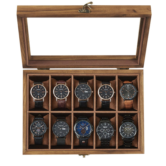 SONGMICS Watch Box, 10-Slot Watch Case, Solid Wood Watch Box Organizer with Large Glass Lid, Watch Display Case with Removable Pillows, Gift for - WoodArtSupply