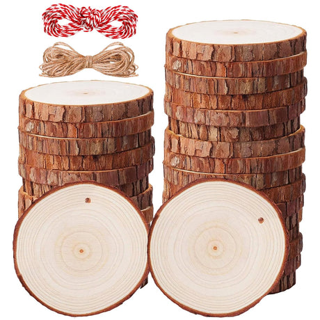Natural Wood Slices - 30 Pcs 3.5-4 inches Craft Unfinished Wood kit Predrilled with Hole Wooden Circles for Arts Wood Slices Christmas Ornaments DIY Brmeday