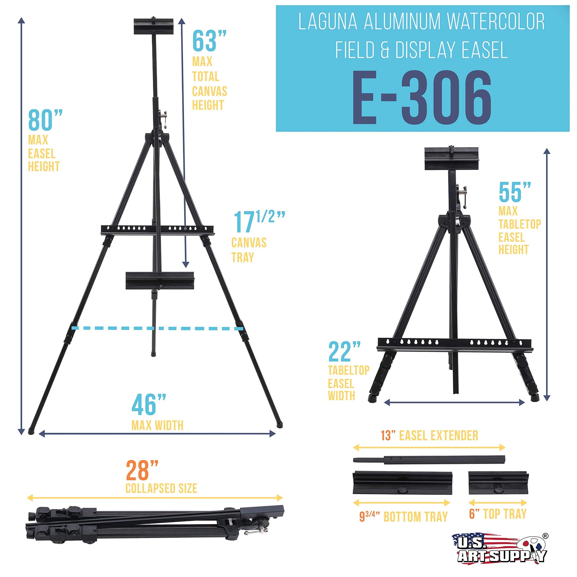 U.S. Art Supply 80" High Aluminum Artist Watercolor Field and Display Easel Stand - Adjustable Height Floor and Tabletop Tripod, Holds Painting - WoodArtSupply