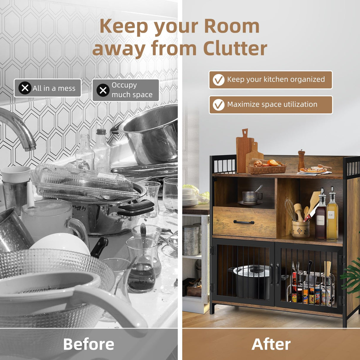 LOKO Buffet Cabinet with Storage, Rustic Kitchen Sideboard Storage Cabinet with Drawer, Credenza Storage Cabinet with Metal Mesh Doors, 31.5 x 14 x LOKO