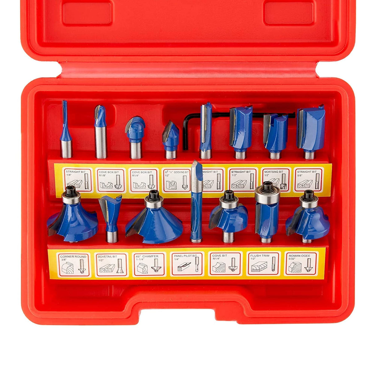 HILTEX 10100 Tungsten Carbide Router Bits, 15 Piece Router Bit Set, 1/4” Router Bit Shank Tungsten Carbide Router Bits, Chamfer Router Bits for Hiltex