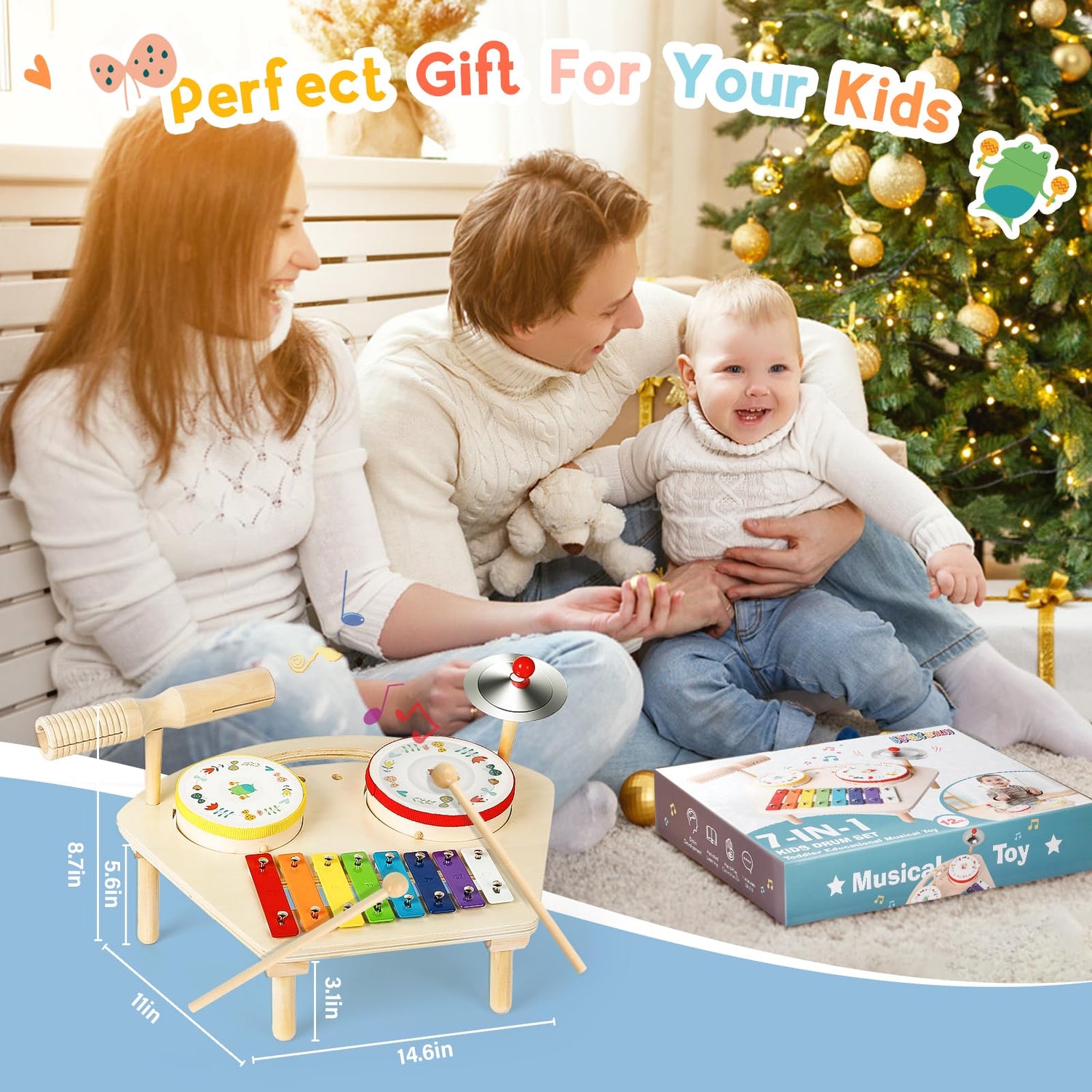 Hilifexll Kids Drum Set for Toddlers 1-3, Baby Preschool Musical Toys 7 in 1 Montessori Instruments Set Wooden Music Toy Baby Drum Kit Xylophone Hilifexll