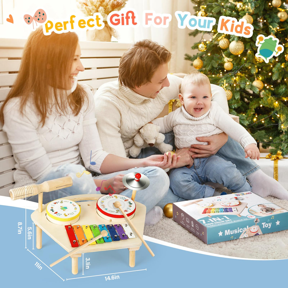 Hilifexll Kids Drum Set for Toddlers 1-3, Baby Preschool Musical Toys 7 in 1 Montessori Instruments Set Wooden Music Toy Baby Drum Kit Xylophone Hilifexll