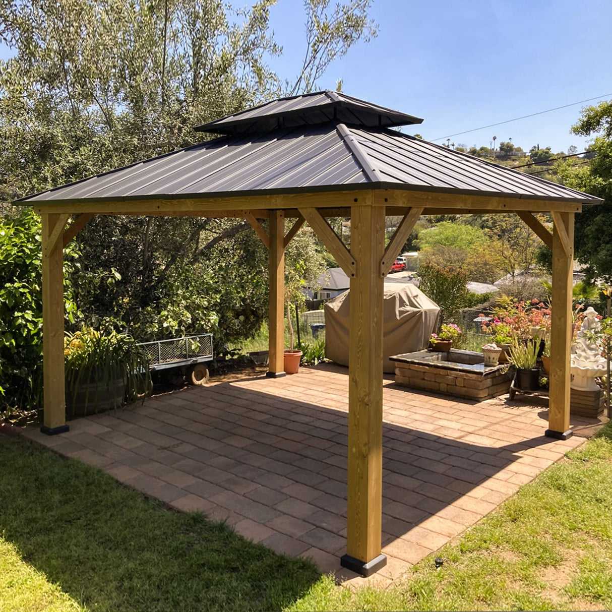 EAGLE PEAK 11x13 Hardtop Wood Gazebo, Outdoor Cedar Wood Frame Pavilion with Galvanized Steel Double Roof, for Garden, Patio, Backyard, Garden, EAGLE PEAK