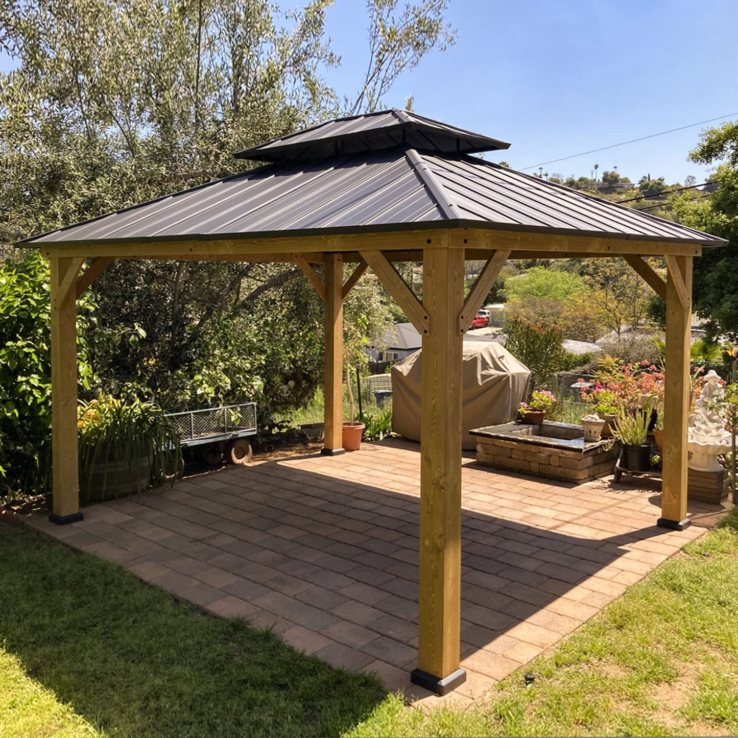 EAGLE PEAK 11x13 Hardtop Wood Gazebo, Outdoor Cedar Wood Frame Pavilion with Galvanized Steel Double Roof, for Garden, Patio, Backyard, Garden,