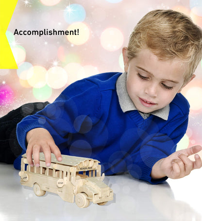 Puzzled 3D Puzzle School Bus Wood Craft Construction Model Kit, Fun, Unique & Educational DIY Wooden Toy Assemble Model Unfinished Crafting Hobby - WoodArtSupply