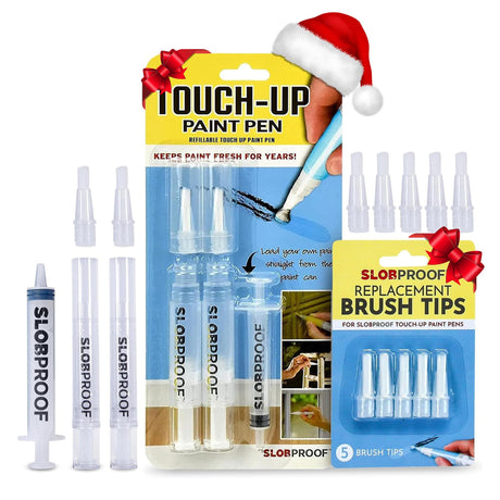 Slobproof Refillable Touch-Up Paint Pen 2 in 1 Pack and Replacement Brush Tips 5 in 1 Pack Bundle- Precision Small Paint Brushes for Touch-Ups on Slobproof